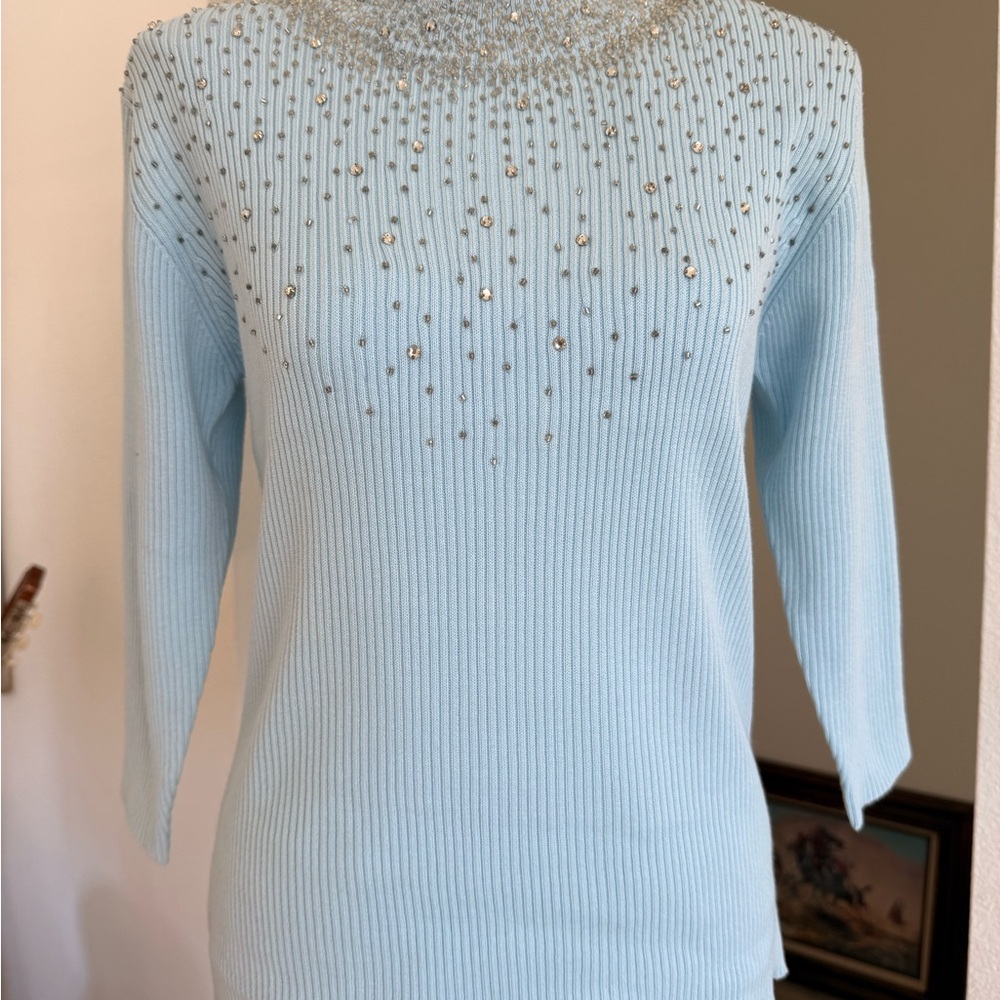 VINTAGE 1980s BABY BLUE HI COLLAR RHINESTONE TOP